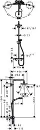 Hansgrohe Duschsystem mit Twin-Jet-Duschkopf und Thermostat, vertikal montiert. Darstellung der Maße und Verbindungselemente in technischen Zeichnungen.